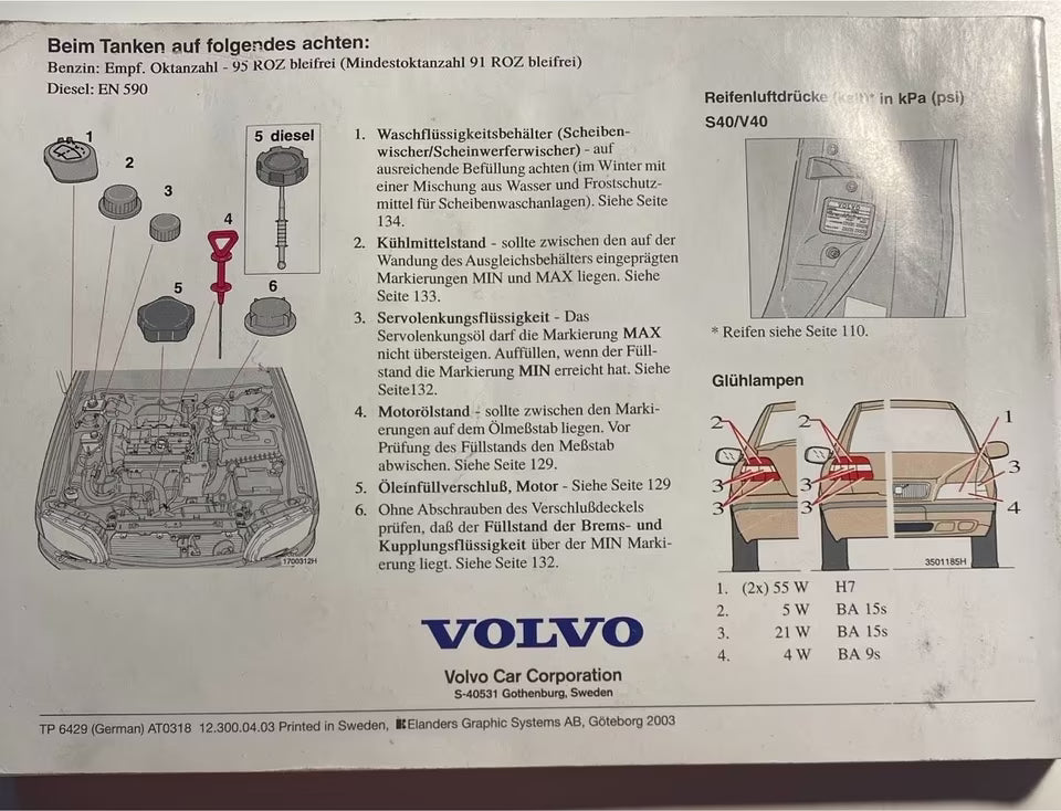 VOLVO S 40 & V40 Bedienungsanleitung 2004 Betriebsanleitung
