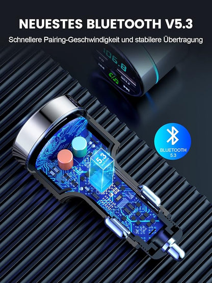 Mohard FM Transmitter Auto Bluetooth 5.3, Ganzmetall PD 30W & QC3.0 18W Schnelles Autoladegerät Zigarettenanzünder, KFZ Bluetooth Adapter Auto Freisprechanlage, Noise Cancelling Mikrofon, Ringlicht